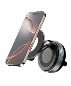 Smartphone mounted on magnetic wireless car charger for seamless charging and navigation.