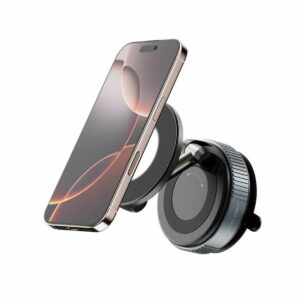 Smartphone mounted on magnetic wireless car charger for seamless charging and navigation.