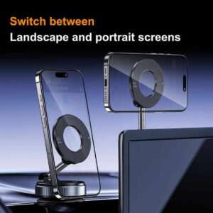 Magnetic phone holder allowing easy switch between landscape and portrait modes for versatile viewing.