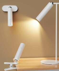 Modern versatile lamps: wall-mounted, table, and clip-on designs for effective task lighting in sleek white finish.