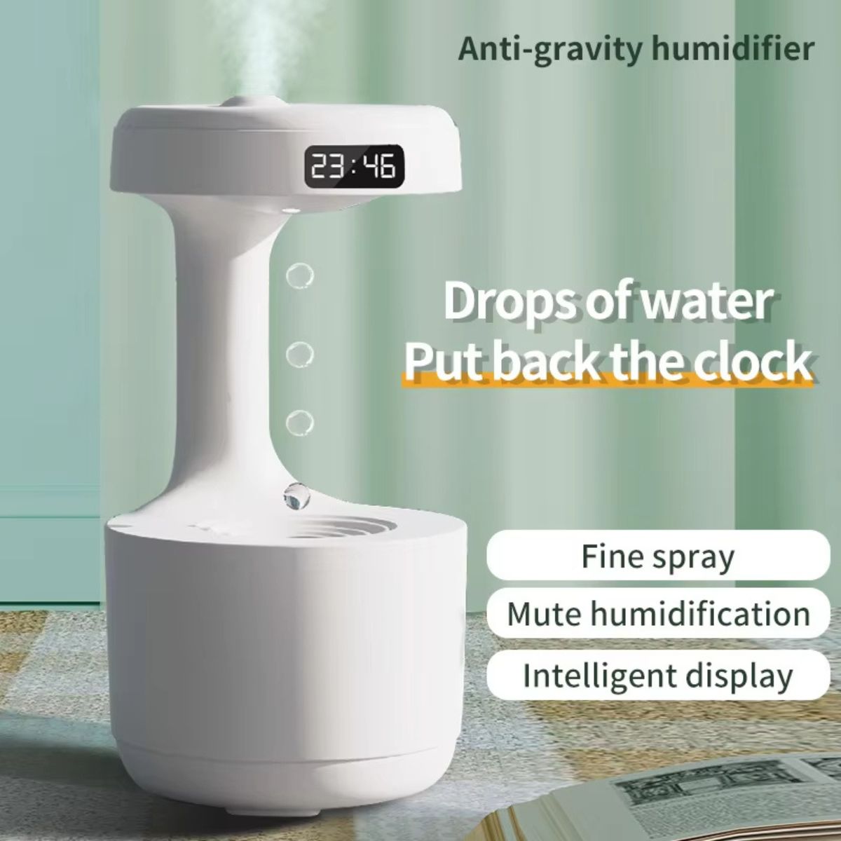 Anti-Gravity Water Drop Humidifier with LED Clock & Silent Mist Spray 3 Anti-Gravity Water Drop Humidifier with digital display, fine spray, and mute function for optimal home humidity.