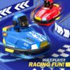 Toy bumper cars on track, red and blue design, offering multiplayer racing fun for kids.