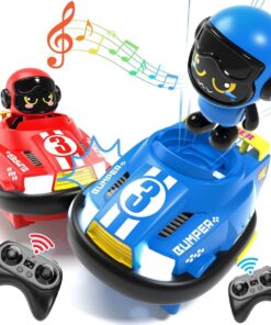 Remote control bumper cars toy set with music and LED lights, featuring blue and red designs for kids.