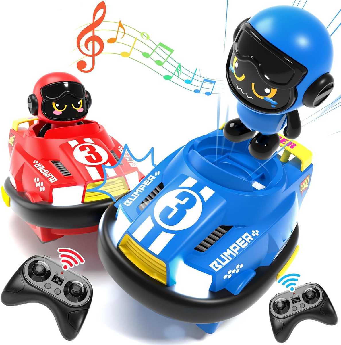 Remote control bumper cars toy set with music and LED lights, featuring blue and red designs for kids.