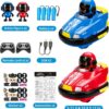 Remote control bumper cars set with action figures, batteries, USB cables, and stickers for kids. Fun racing toy kit.
