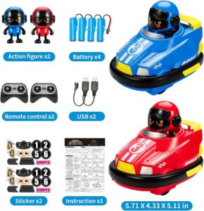 Remote control bumper cars set with action figures, batteries, USB cables, and stickers for kids. Fun racing toy kit.