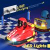Red and blue bumper cars with USB charging, LED lights, rechargeable batteries, and music notes for kids' fun.