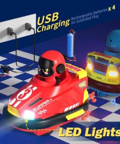 Red and blue bumper cars with USB charging, LED lights, rechargeable batteries, and music notes for kids' fun.