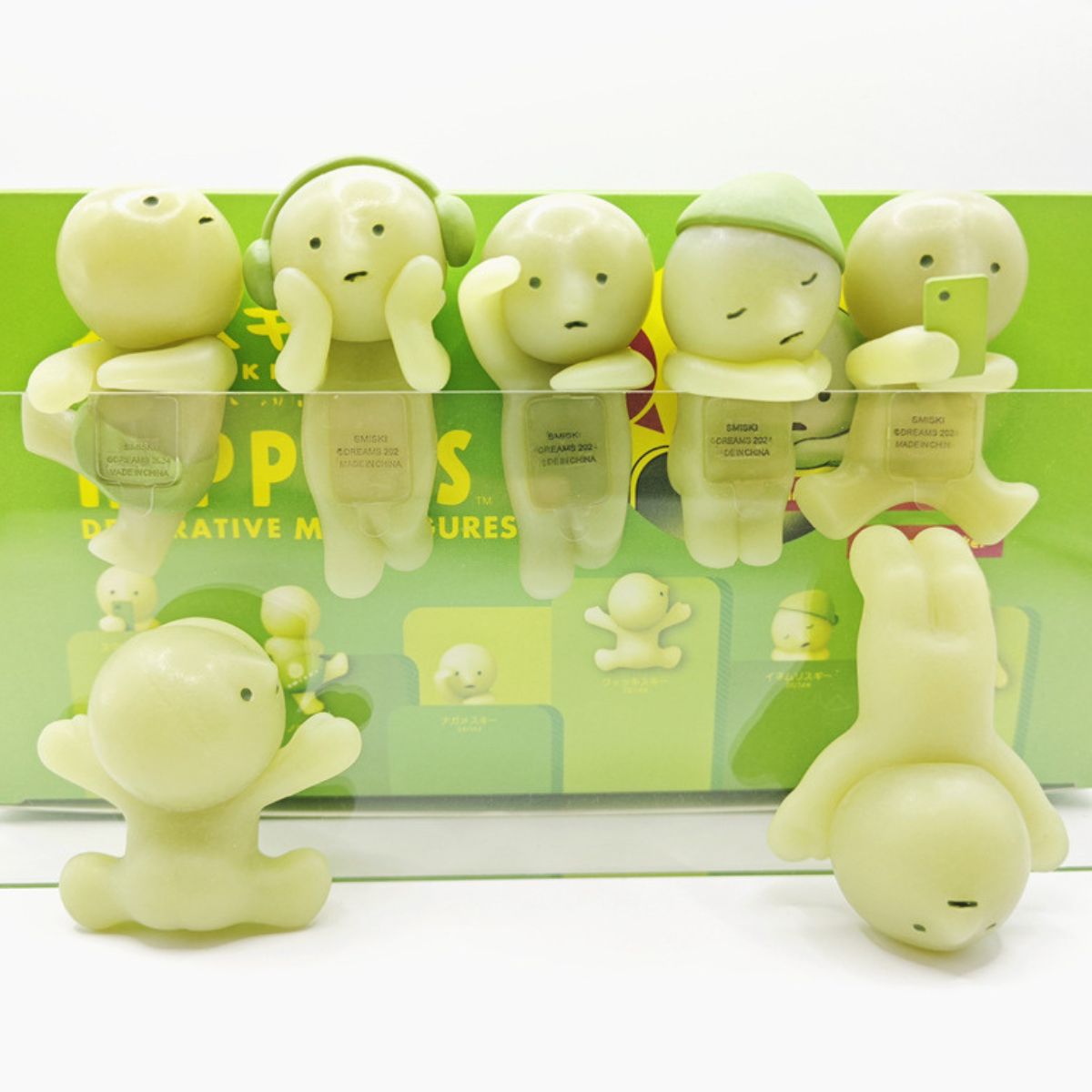 Cute decorative miniature figures, various poses. Perfect for office desk decor and gift ideas. Complete set shown.