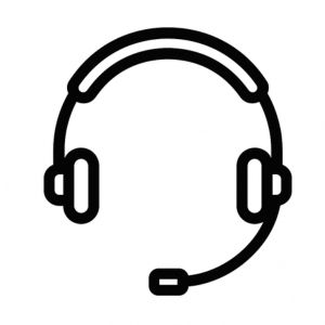 Headset icon for online customer service, call center support, or gaming communication. Black and white line design.
