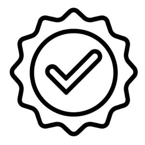 Verified quality badge icon with checkmark, indicating approval or certification for trusted products and services.