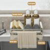 Versatile kitchen sink organizer with tray, sponge, brushes, detergent holders, and towel bar for efficient storage.