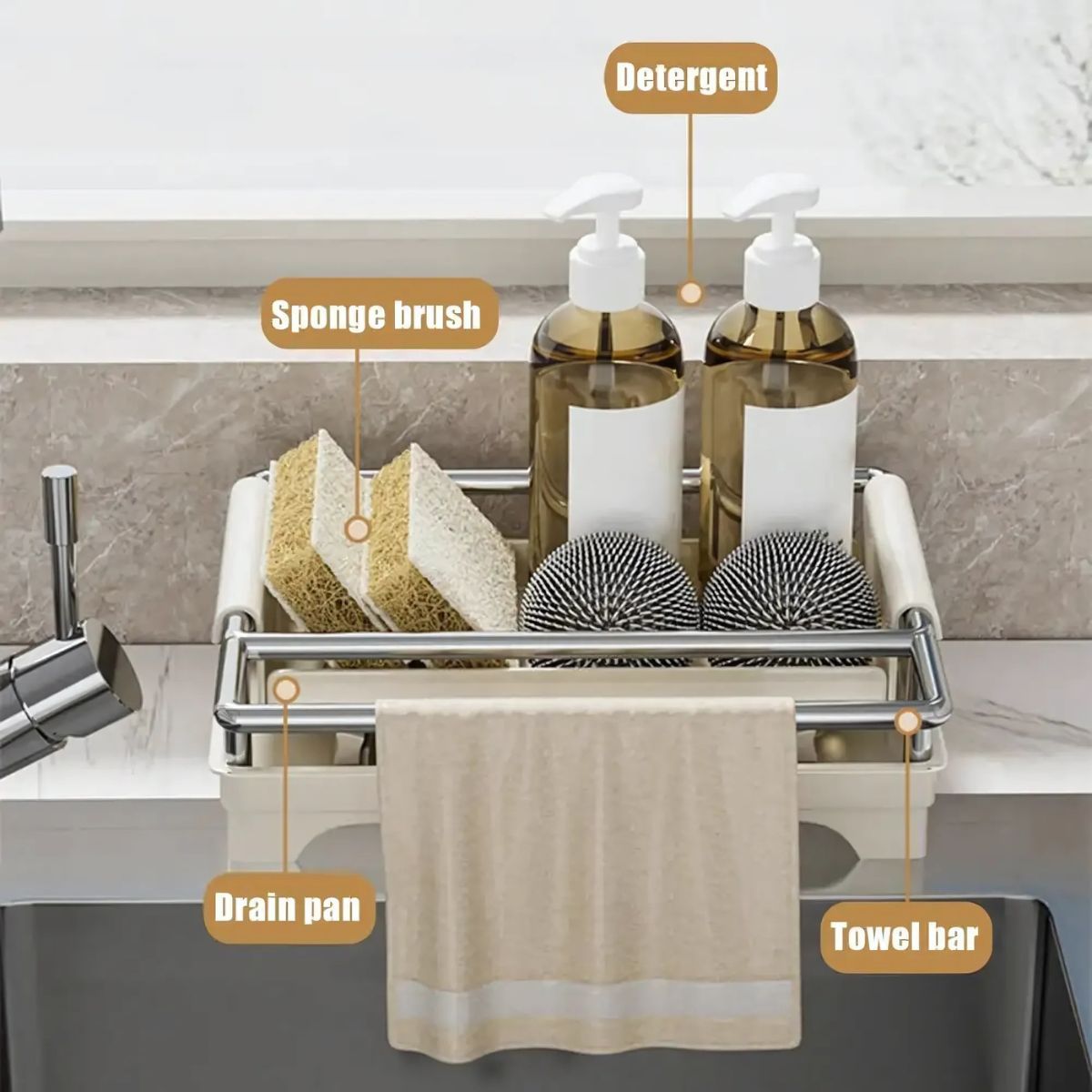 Stainless Steel Sink Caddy Organizer with Drain Tray & Towel Bar 2 Versatile kitchen sink organizer with tray, sponge, brushes, detergent holders, and towel bar for efficient storage.