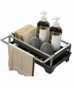 Kitchen sink organizer with towel rack, holds sponges, soap dispensers, and scrubbers for tidy countertop storage.