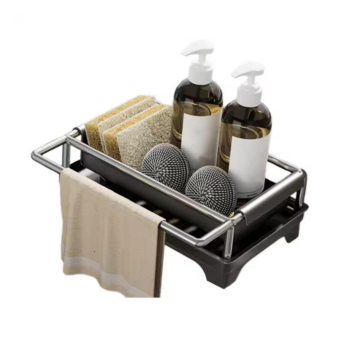 Kitchen sink organizer with towel rack, holds sponges, soap dispensers, and scrubbers for tidy countertop storage.