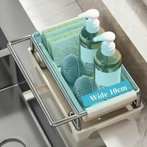 Under-sink organizer tray with handles, 10cm wide, holds cleaning supplies and sponges for kitchen storage.