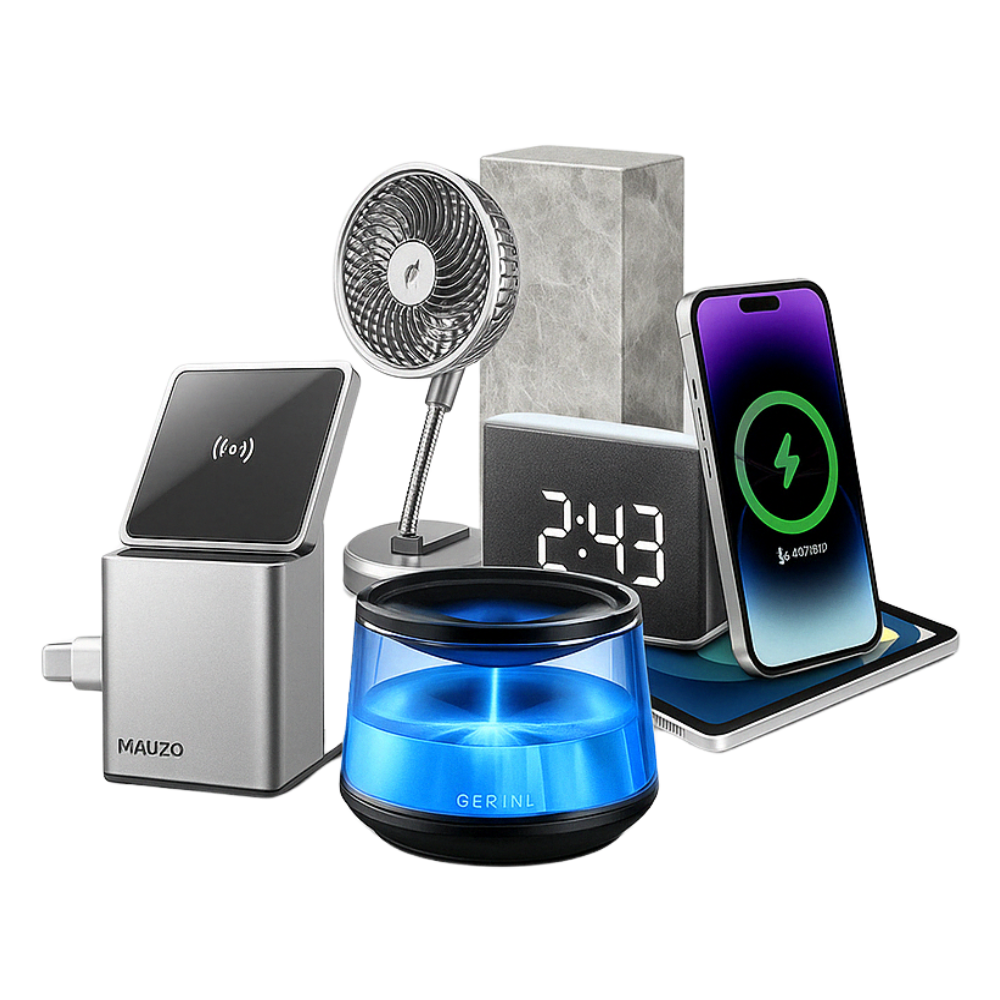 Unique Finds Smart home gadgets: fan, phone charger, desk clock, and LED aromatherapy diffuser for efficient use and decor.