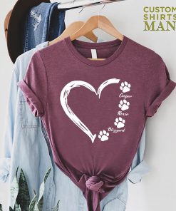 Custom Dog Mom Shirt, Personalized Dog Paws With Names Heart Tee