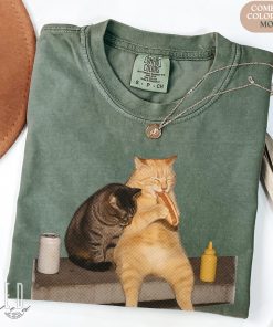 Cat Eating Hot Dog Shirt, Funny Vintage Cat, Comfort Colors Tee, Gift For Pet Lovers.