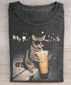 Cat Drinking Iced Coffee Shirt, Funny Animal Meme Tee, Coffee Lover Comfort Colors Graphic T-Shirt